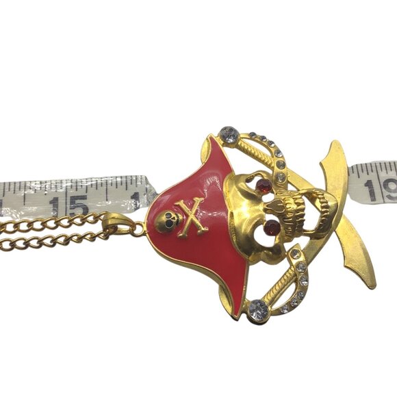 Vtg Pirate Skull Pendant Necklace Red Hat & Rhinestones Costume 18.5” - Picture 5 of 5